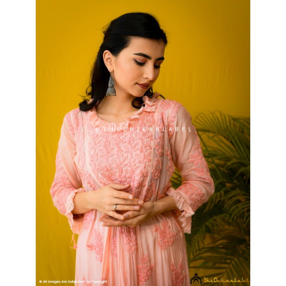 The Chikan Label Embroidered Chikankari Muslin Peach Anarkali Kurta