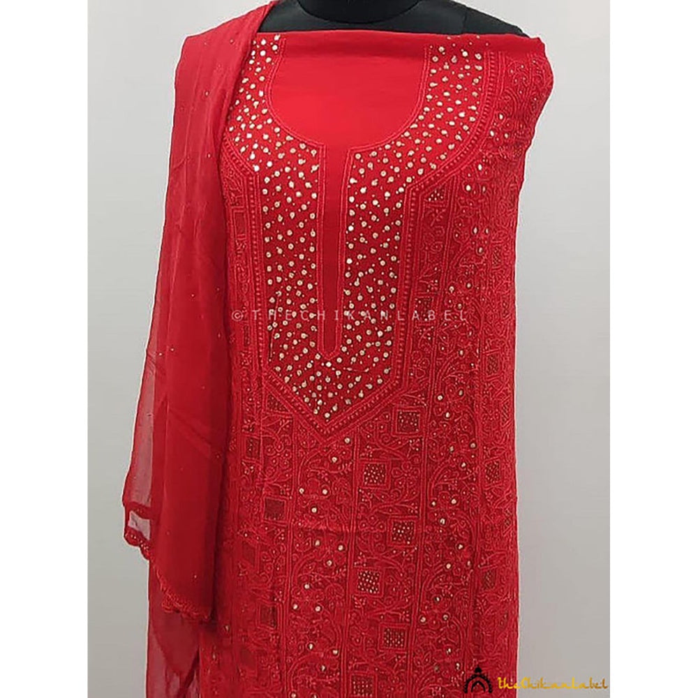 The Chikan Label Arz Viscose Chikankari Pink Unstitched Kurta with Dupatta