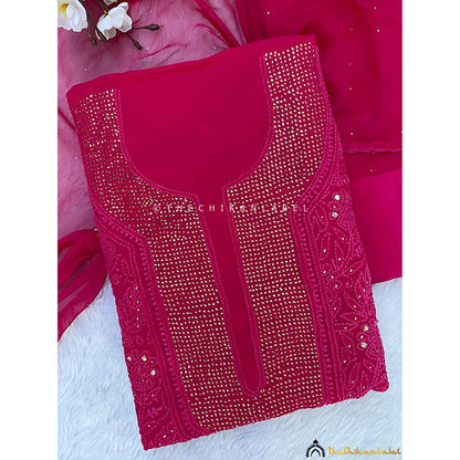 The Chikan Label Arz Viscose Chikankari Pink Unstitched Kurta with Dupatta
