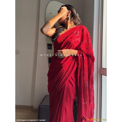 The Chikan Label Maroon Heer Viscose Chikankari Saree with Unstitched Blouse
