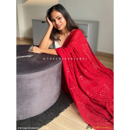 The Chikan Label Maroon Heer Viscose Chikankari Saree with Unstitched Blouse