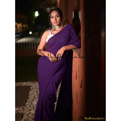 The Chikan Label Wine Heer Viscose Chikankari Saree with Unstitched Blouse