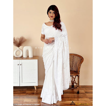The Chikan Label Kangana Ranaut White Viscose Chikankari Saree with Unstitched Blouse