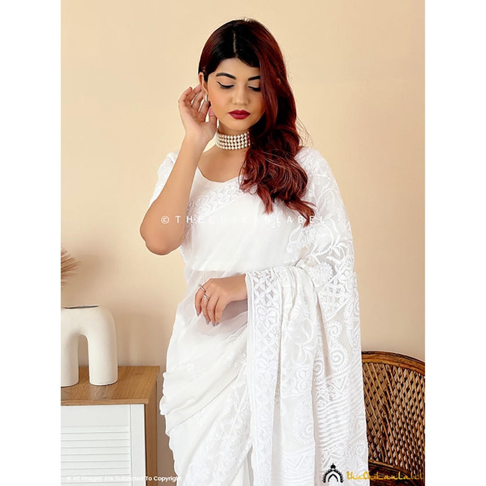The Chikan Label Kangana Ranaut White Viscose Chikankari Saree with Unstitched Blouse