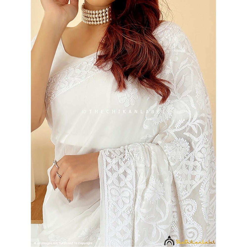 The Chikan Label Kangana Ranaut White Viscose Chikankari Saree with Unstitched Blouse
