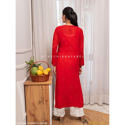 The Chikan Label Rakul Preet Red Viscose Chikankari Straight Kurta
