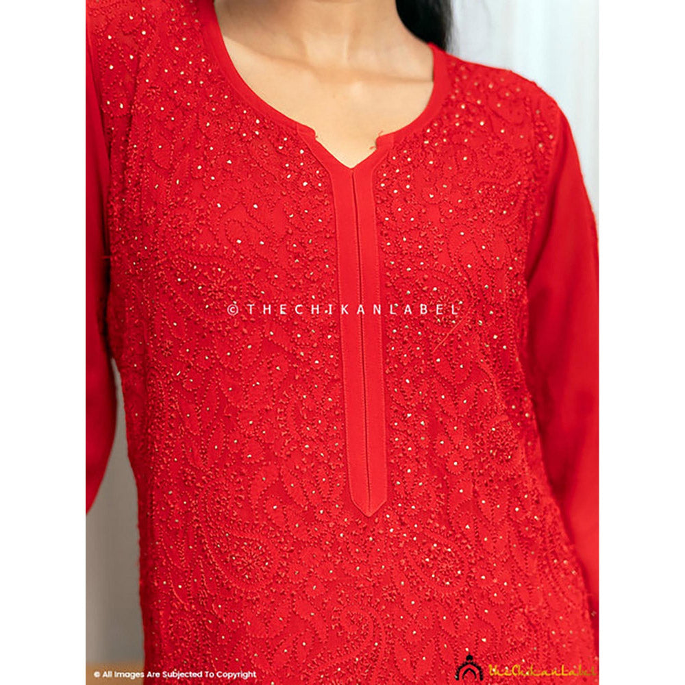 The Chikan Label Rakul Preet Red Viscose Chikankari Straight Kurta