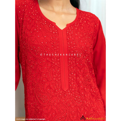 The Chikan Label Rakul Preet Red Viscose Chikankari Straight Kurta