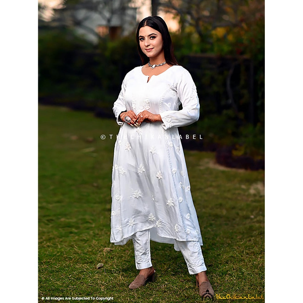 The Chikan Label White Isha Modal Satin Chikankari A-Line Kurta