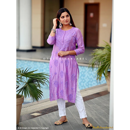 The Chikan Label Aniya Chanderi Chikankari Straight Lavender Kurta