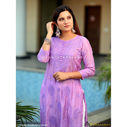 The Chikan Label Aniya Chanderi Chikankari Straight Lavender Kurta