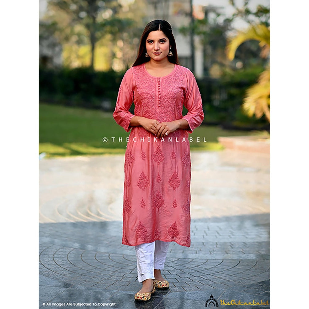 The Chikan Label Aniya Chanderi Chikankari Straight Peach Kurta