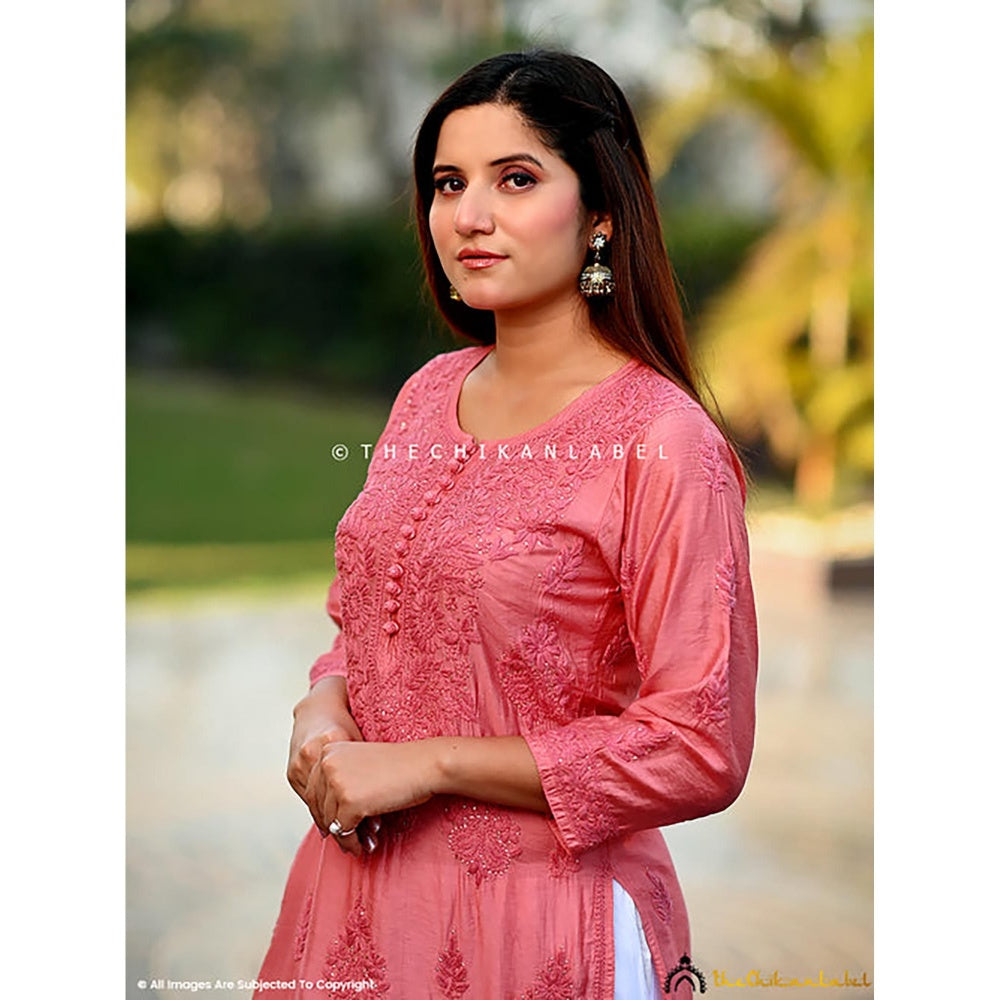 The Chikan Label Aniya Chanderi Chikankari Straight Peach Kurta