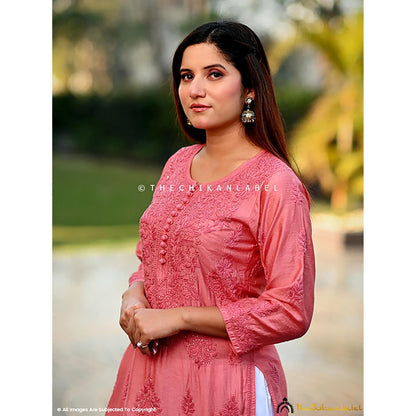 The Chikan Label Aniya Chanderi Chikankari Straight Peach Kurta