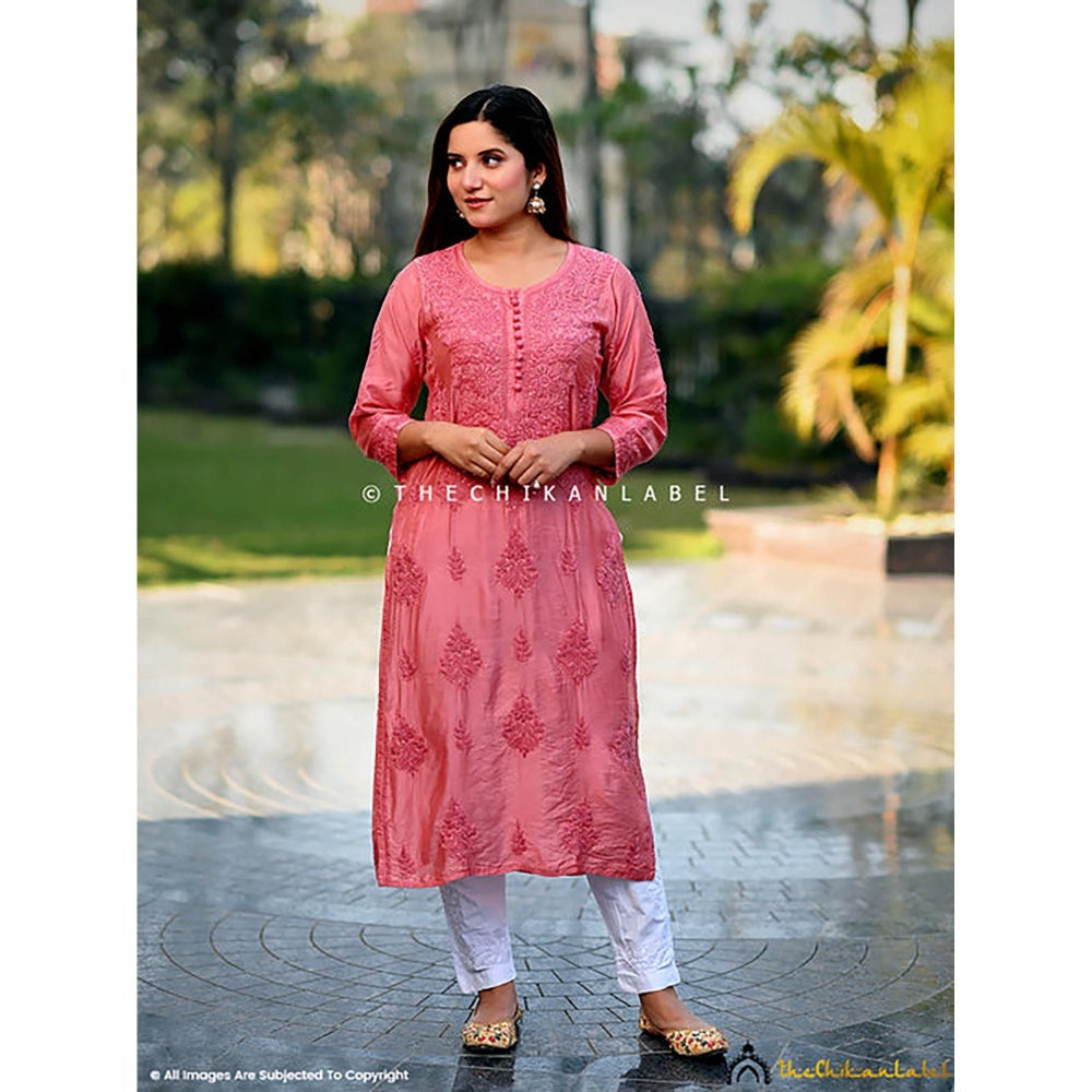 The Chikan Label Aniya Chanderi Chikankari Straight Peach Kurta