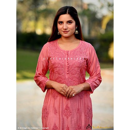 The Chikan Label Aniya Chanderi Chikankari Straight Peach Kurta