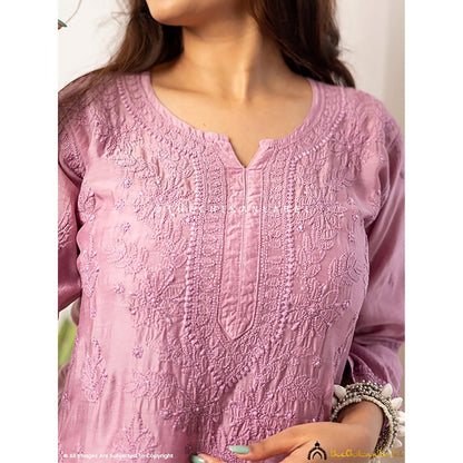 The Chikan Label Jivika Muslin Chikankari Straight Mauve Kurta