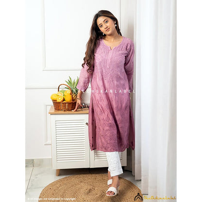 The Chikan Label Jivika Muslin Chikankari Straight Mauve Kurta