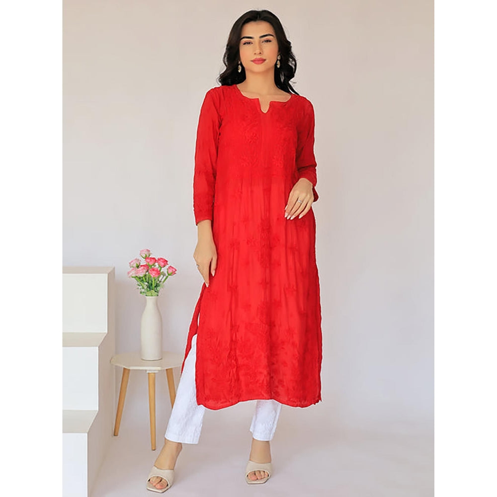 The Chikan Label Arzu Upada Silk Chikankari Straight Red Kurta