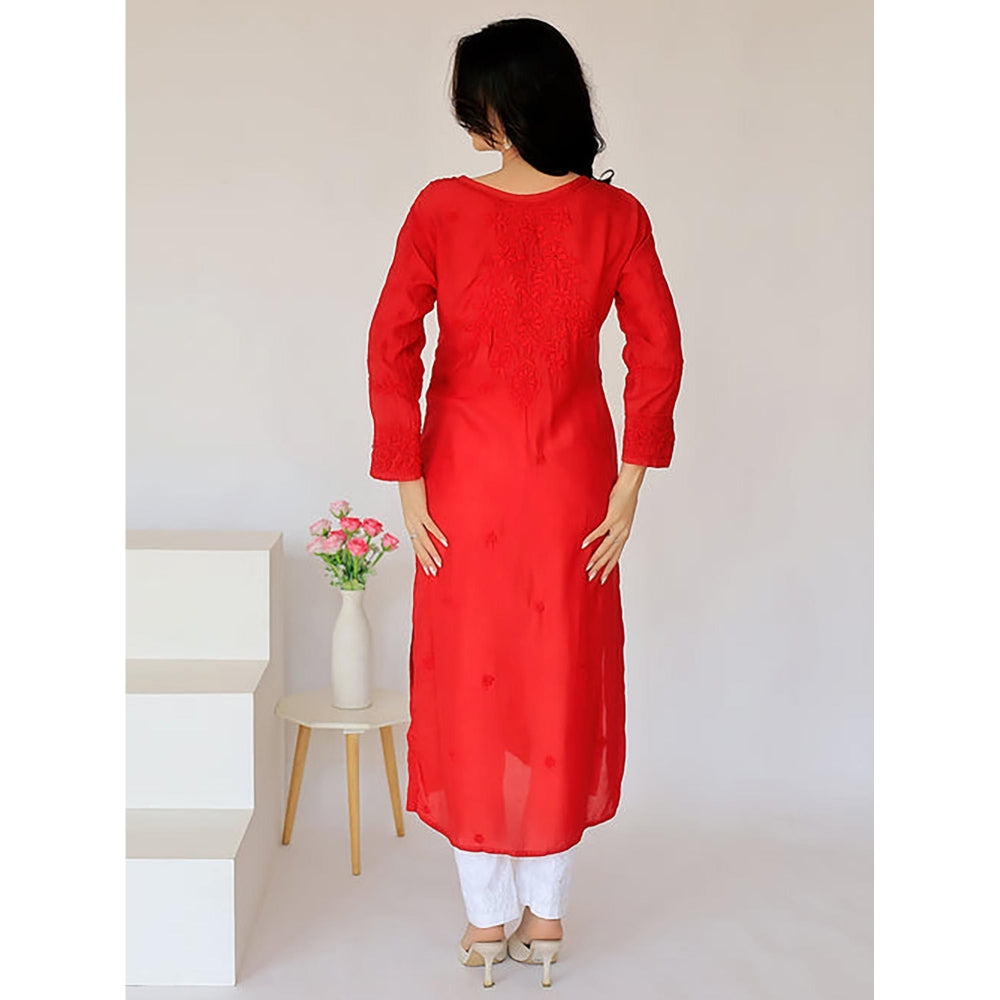 The Chikan Label Arzu Upada Silk Chikankari Straight Red Kurta