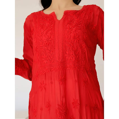 The Chikan Label Arzu Upada Silk Chikankari Straight Red Kurta