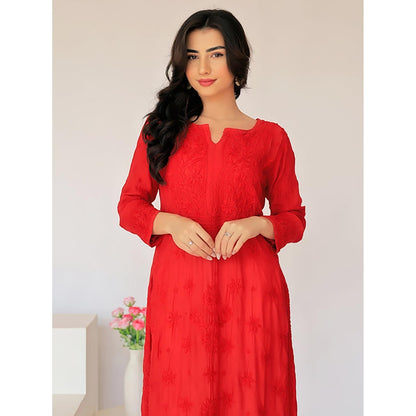 The Chikan Label Arzu Upada Silk Chikankari Straight Red Kurta