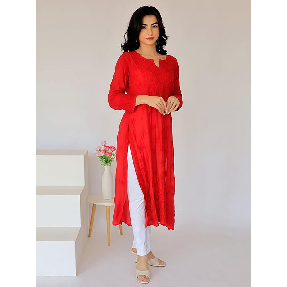 The Chikan Label Arzu Upada Silk Chikankari Straight Red Kurta