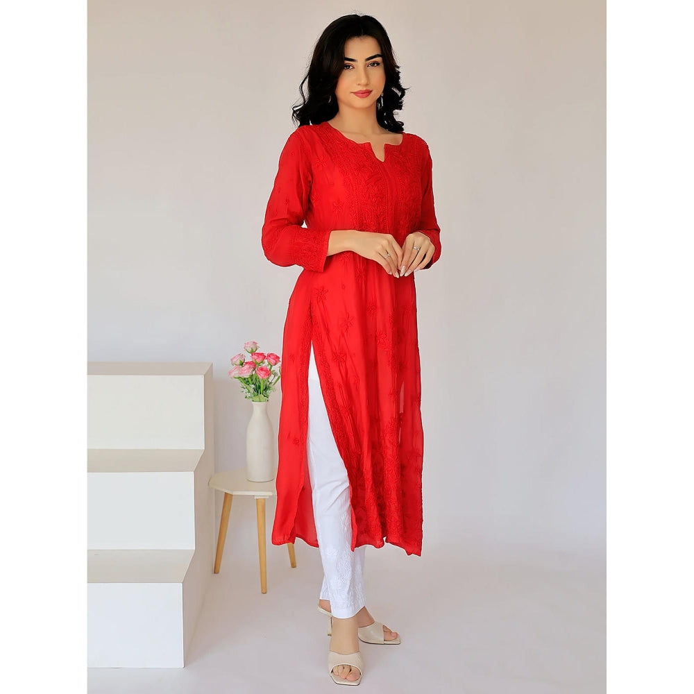 The Chikan Label Arzu Upada Silk Chikankari Straight Red Kurta