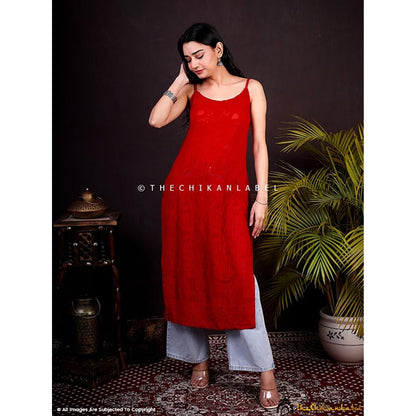 The Chikan Label Red Ryka Viscose Chikankari Strappy Kurta