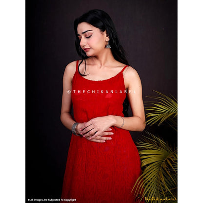The Chikan Label Red Ryka Viscose Chikankari Strappy Kurta