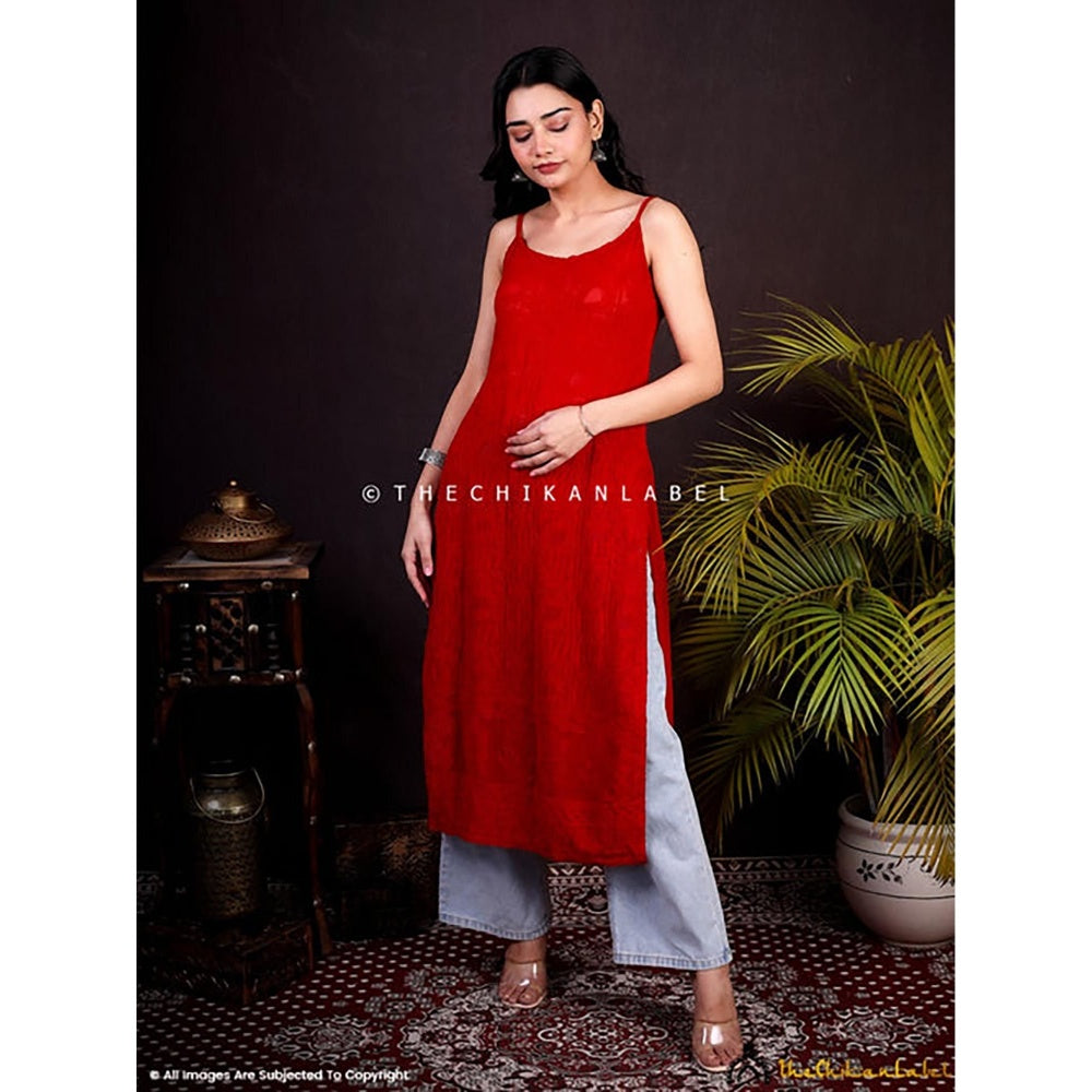 The Chikan Label Red Ryka Viscose Chikankari Strappy Kurta