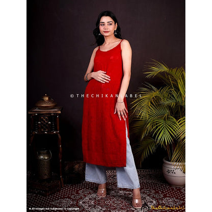 The Chikan Label Red Ryka Viscose Chikankari Strappy Kurta