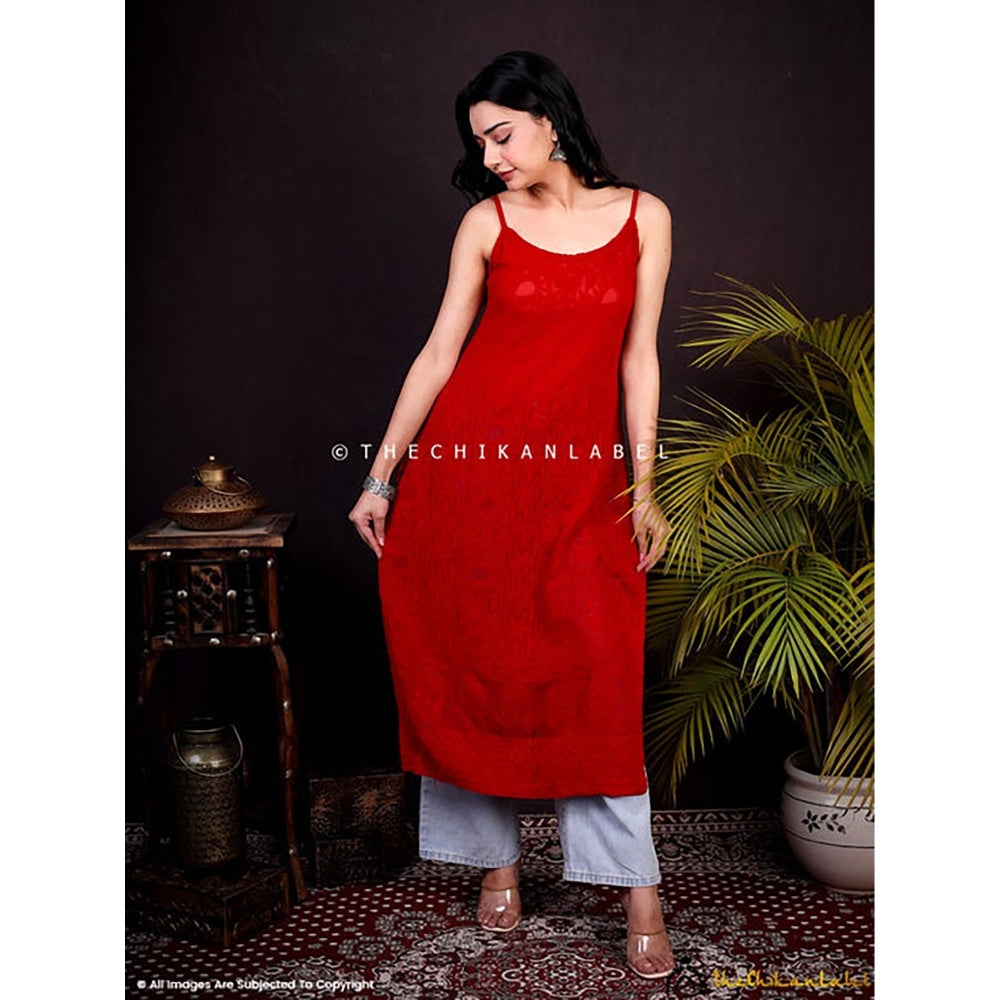 The Chikan Label Red Ryka Viscose Chikankari Strappy Kurta