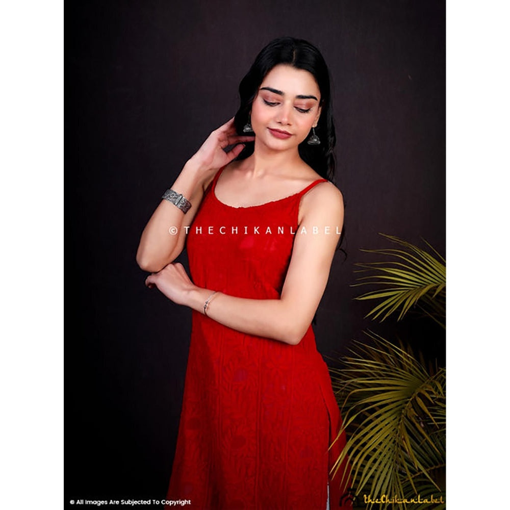 The Chikan Label Red Ryka Viscose Chikankari Strappy Kurta