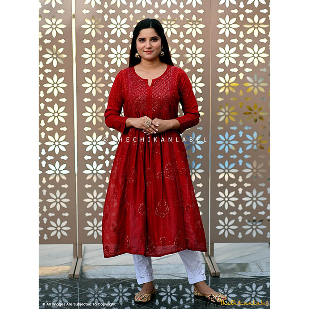 The Chikan Label Red Rooh Chanderi Chikankari A-Line Anarkali