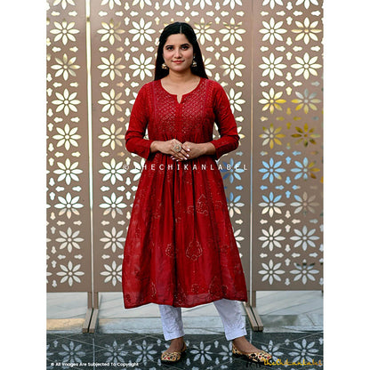 The Chikan Label Red Rooh Chanderi Chikankari A-Line Anarkali