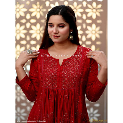 The Chikan Label Red Rooh Chanderi Chikankari A-Line Anarkali
