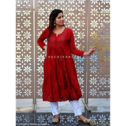 The Chikan Label Red Rooh Chanderi Chikankari A-Line Anarkali