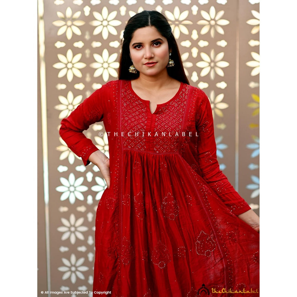 The Chikan Label Red Rooh Chanderi Chikankari A-Line Anarkali