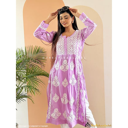 The Chikan Label Amulya Cotton Chikankari Nyra Cut Straight Lavender Kurta