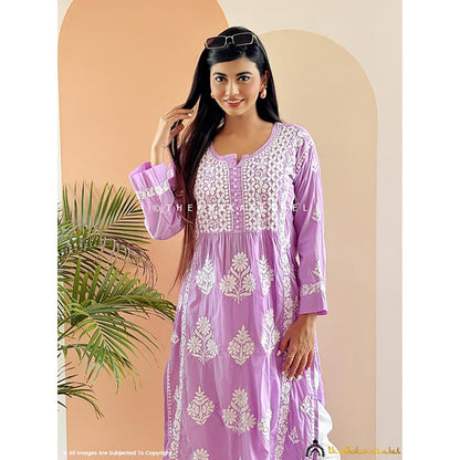 The Chikan Label Amulya Cotton Chikankari Nyra Cut Straight Lavender Kurta