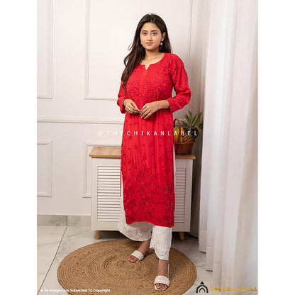 The Chikan Label Bindiya Crepe Chikankari Straight Red Kurta