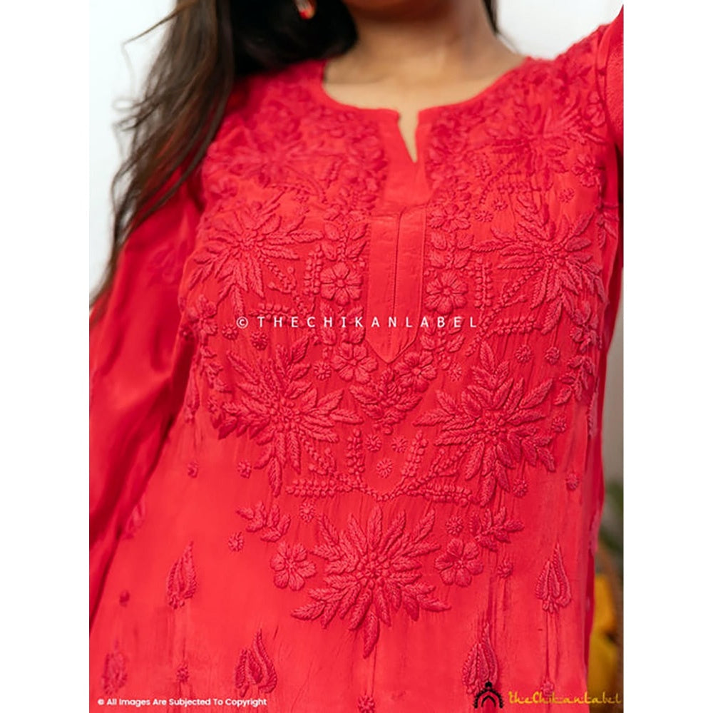 The Chikan Label Bindiya Crepe Chikankari Straight Red Kurta