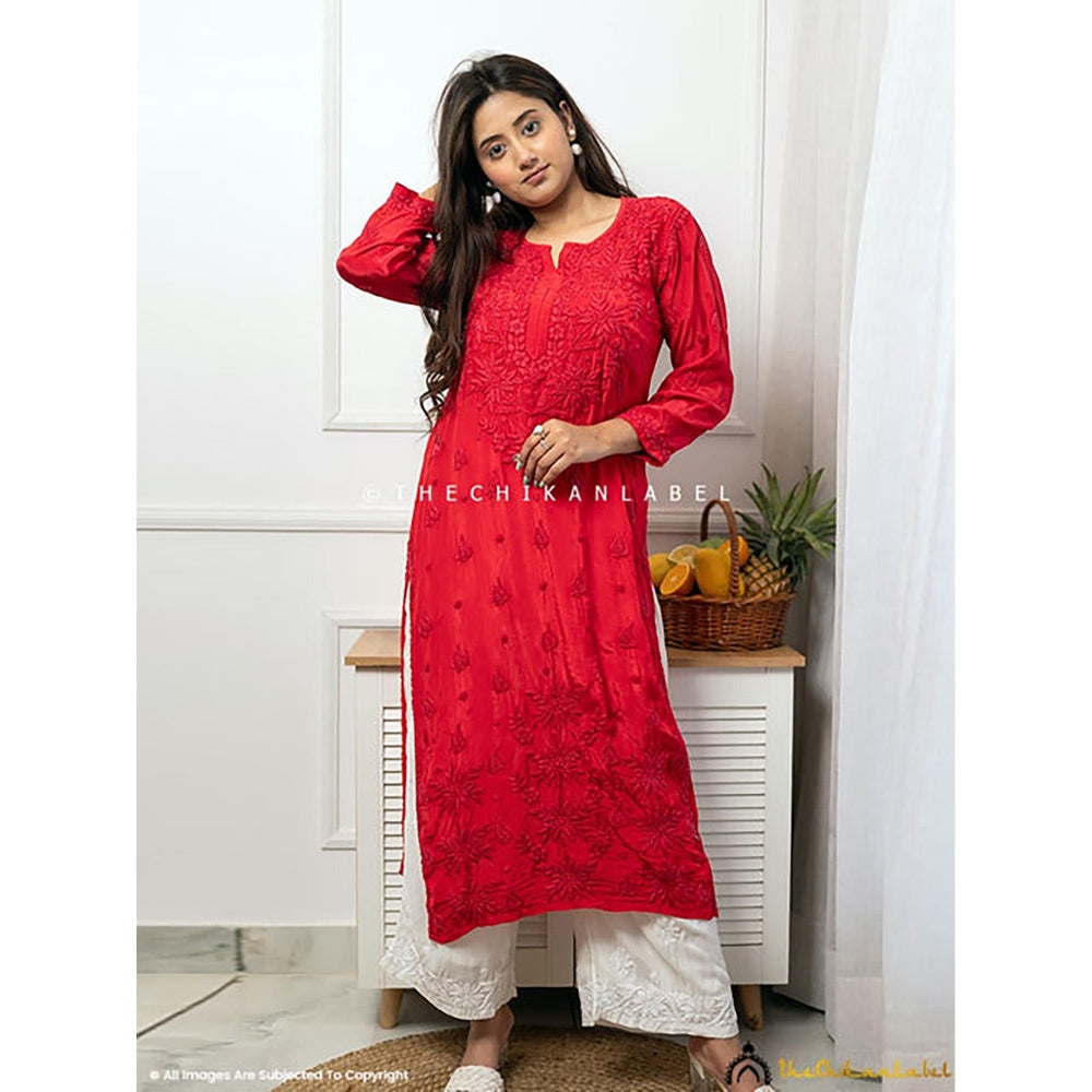 The Chikan Label Bindiya Crepe Chikankari Straight Red Kurta