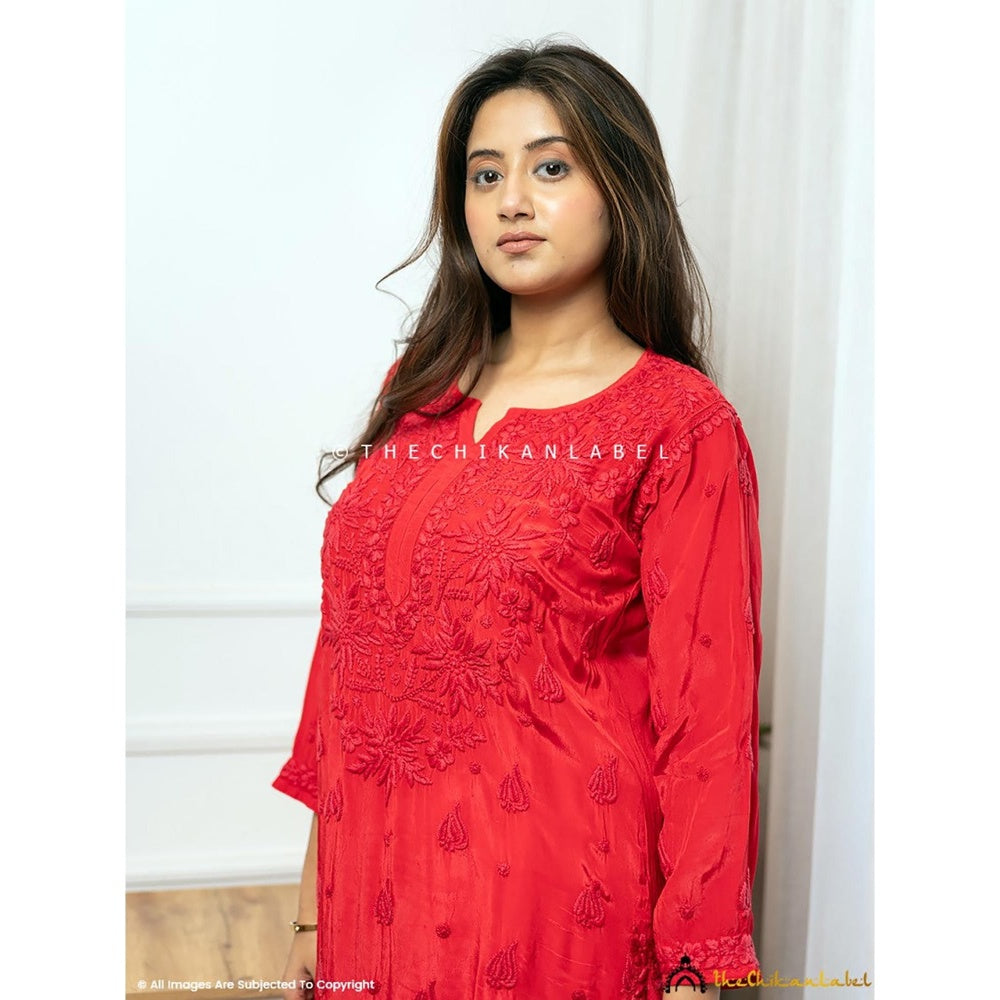 The Chikan Label Bindiya Crepe Chikankari Straight Red Kurta