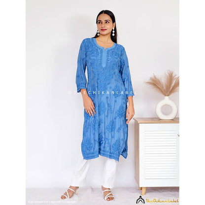 The Chikan Label Daksha Muslin Chikankari Straight Blue Kurta