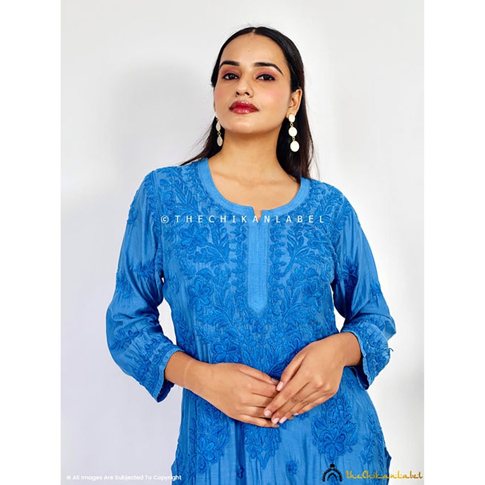 The Chikan Label Daksha Muslin Chikankari Straight Blue Kurta