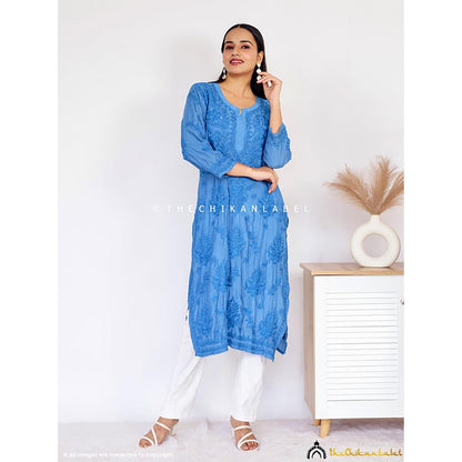 The Chikan Label Daksha Muslin Chikankari Straight Blue Kurta