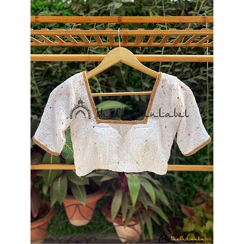 The Chikan Label White Square Neck Embroidered Chikankari Viscose Blouse