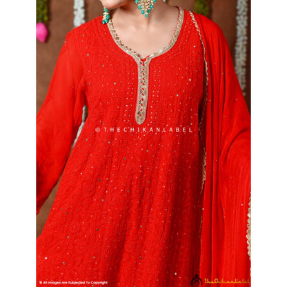 The Chikan Label Mehr-E-Chaand Viscose Chikankari Kurta With Sharara And Dupatta - Red